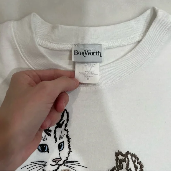 Vintage Bon Worth 90s embroidered Cat tee shirt oversized grandmacore kitten - Picture 3 of 5